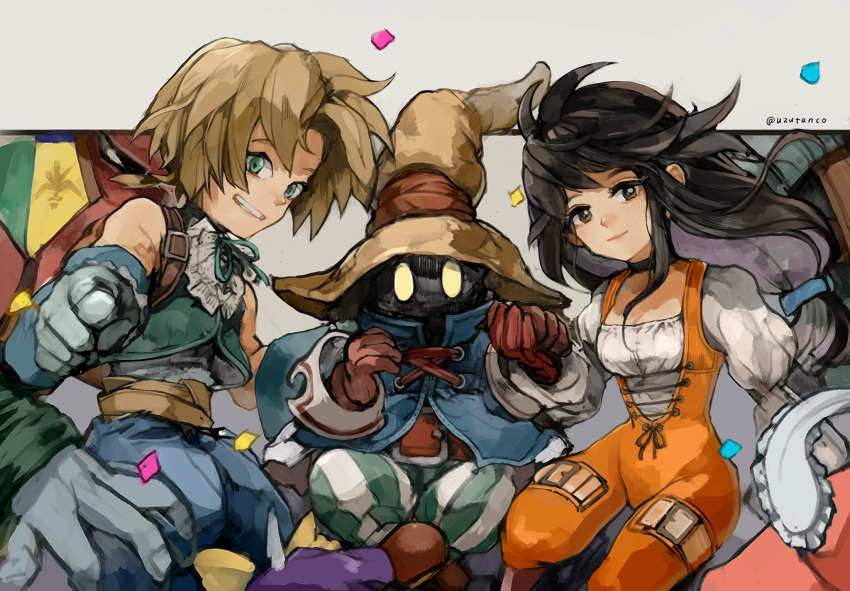 1other 3boys 3girls aqua_ribbon aqua_vest bare_shoulders belt belt_buckle bib black_choker black_hair blonde_hair blue_coat blue_eyes blue_pants blunt_ends bodysuit boots border bow breasts brown_eyes brown_footwear brown_gloves buckle choker closed_mouth coat colored_skin confetti cowboy_shot cropped_vest eiko_carol feet_out_of_frame final_fantasy final_fantasy_ix freija_crescent frilled_shirt_collar frills garnet_til_alexandros_xvii gloves glowing glowing_eyes grey_gloves grey_skin hair_bow hat highres holding_hands horns juliet_sleeves long_hair long_sleeves looking_at_viewer low-tied_long_hair low_ponytail medium_breasts multiple_boys multiple_girls neck_ribbon open_mouth orange_bodysuit pants parted_bangs pointing pointing_at_viewer puffy_long_sleeves puffy_sleeves purple_hair quina_quen red_gloves ribbon salamander_coral shirt short_hair_with_long_locks single_horn sleeveless sleeveless_shirt smile striped_clothes striped_pants swept_bangs thigh_strap twitter_username underbust uzutanco vest vivi_ornitier white_border white_shirt wizard_hat wrist_cuffs yellow_bow yellow_eyes zidane_tribal
