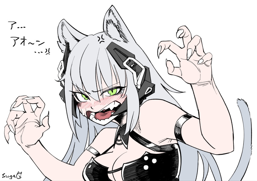 1girl absurdres anger_vein animal_ears artist_name barcode barcode_tattoo blush breasts cat_ears cat_tail claw_pose cleavage commentary_request gager_(girls'_frontline) girls'_frontline green_eyes grey_hair highres long_hair looking_at_viewer open_mouth solo sugac sweatdrop tail tattoo teeth translation_request white_background