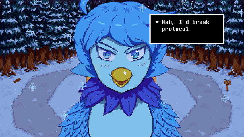 anthro avian beak bird blue_body blue_eyes blue_feathers blush_linez dialogue digital_media_(artwork) evergreen_tree feathers female happy hi_res looking_at_viewer martlet_(undertale_yellow) meme nah_i'd_win parody pine_tree pixel_(artwork) pixelmateda plant sign smile snow snowflake solo style_parody text_box tree