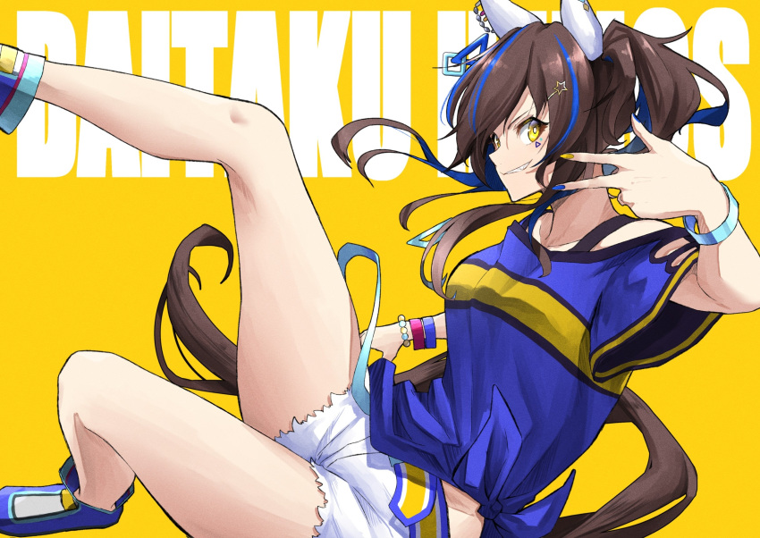 1girl animal_ears bare_shoulders bead_bracelet beads belt blue_bracelet blue_hair blue_shirt bracelet breasts brown_hair character_name clothing_cutout colored_inner_hair commentary_request cowboy_shot daitaku_helios_(umamusume) ear_covers facial_tattoo fang hair_ornament hairclip highres horse_ears horse_girl horse_tail jewelry looking_at_viewer luna_(gkluna_mas) medium_hair multicolored_hair necklace pencil_behind_ear red_bracelet shirt short_sleeves shorts shoulder_cutout side_ponytail simple_background skin_fang smile solo streaked_hair tail tattoo two-tone_shirt umamusume w white_shorts yellow_background yellow_belt yellow_eyes yellow_shirt