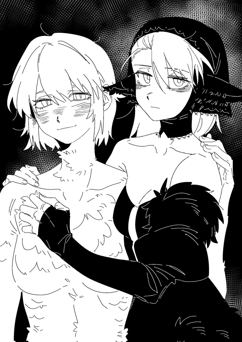 2girls bags_under_eyes blush breasts cleavage closed_mouth commentary dress dungeon_meshi elbow_gloves falin_thorden feathers gloves greyscale hand_on_another's_chest hand_on_another's_shoulder highres long_hair looking_at_viewer marcille_donato molu_stranger monochrome monster_girl multiple_girls off-shoulder_dress off_shoulder pointy_ears short_hair slit_pupils small_breasts smile upper_body yuri