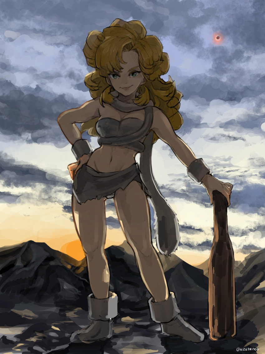 1girl ayla_(chrono_trigger) bare_shoulders blonde_hair blue_eyes boots breasts cavewoman chrono_trigger cleavage closed_mouth cloud cloudy_sky crop_top curly_hair full_body fur_boots fur_cuffs fur_scarf fur_shirt fur_skirt grey_footwear grey_scarf grey_shirt grey_skirt hand_on_own_hip highres holding_club long_hair looking_at_viewer medium_breasts microskirt midriff mountain navel outdoors scarf shirt skirt sky smile solo strapless sunset tube_top uzutanco