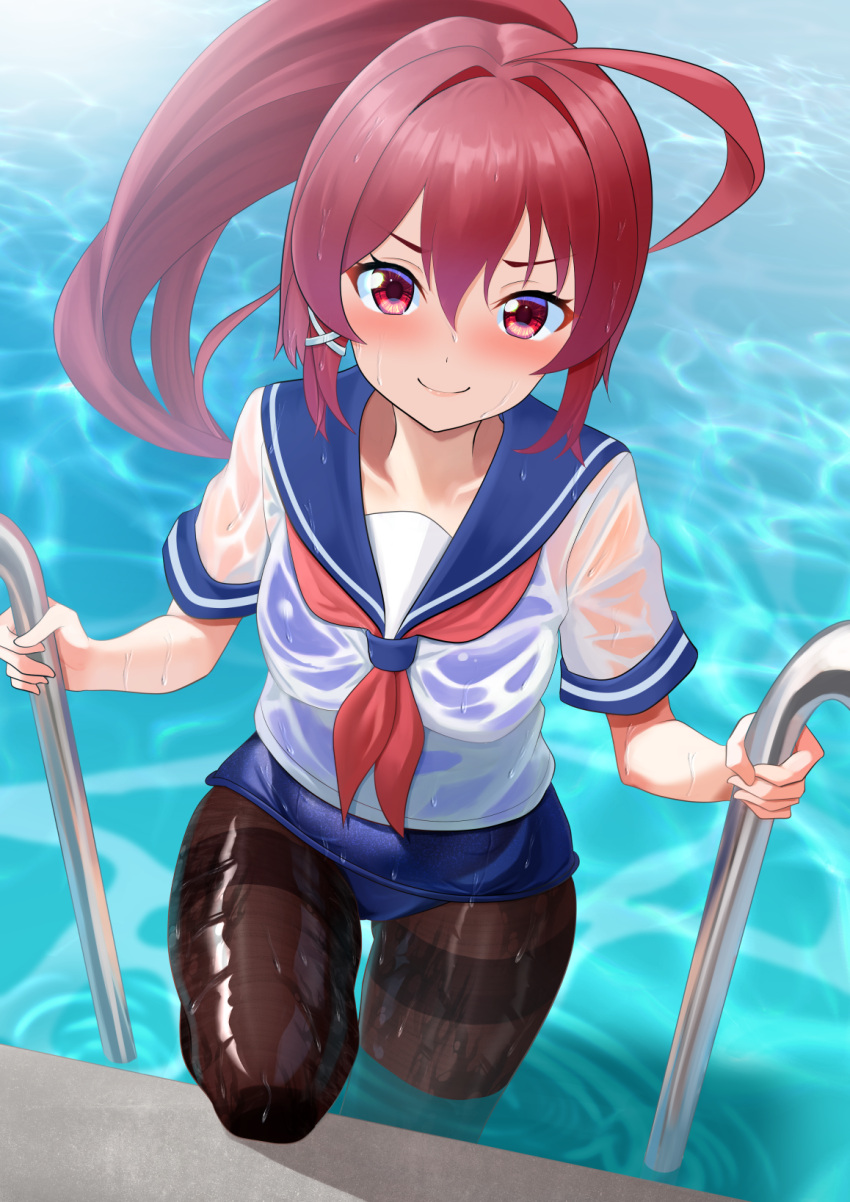 1girl ahoge blue_one-piece_swimsuit blue_sailor_collar blush breasts dorachan_r hair_ribbon highres i-168_(kancolle) kantai_collection long_hair looking_at_viewer one-piece_swimsuit pantyhose pantyhose_under_swimsuit ponytail pool pool_ladder poolside red_eyes red_hair ribbon sailor_collar school_swimsuit school_uniform see-through serafuku shirt short_sleeves small_breasts solo swimsuit swimsuit_under_clothes water wet wet_clothes white_shirt