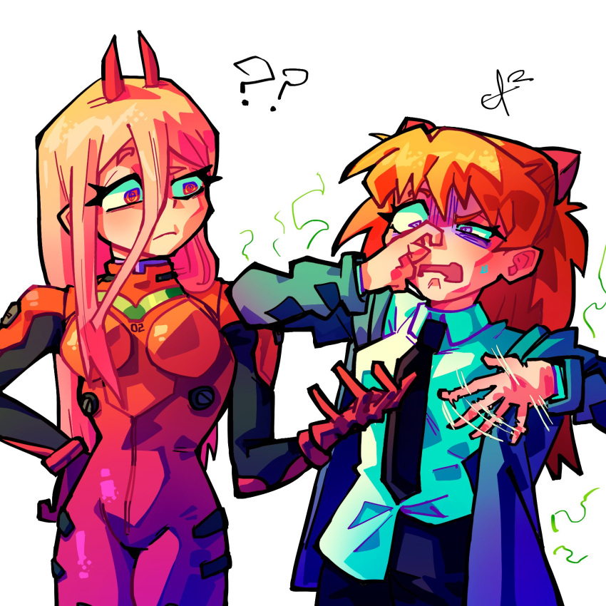 2girls ? ?? alpharecdyt black_necktie bodysuit chainsaw_man closed_mouth collared_shirt cosplay costume_switch hair_between_eyes highres horns long_hair looking_at_another multiple_girls necktie neon_genesis_evangelion open_mouth pink_hair plugsuit power_(chainsaw_man) red_bodysuit red_eyes red_hair shirt simple_background smell souryuu_asuka_langley white_background white_shirt