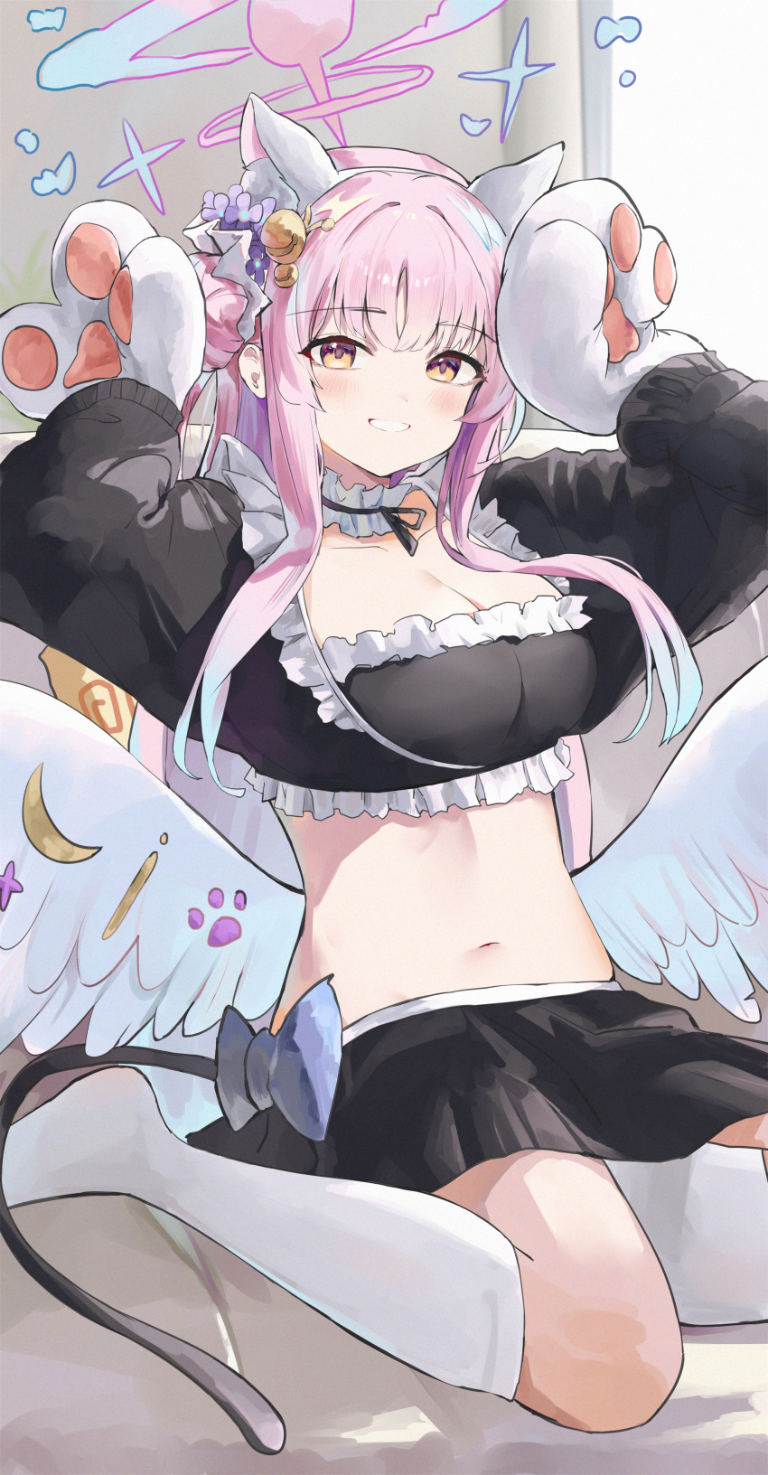 1girl absurdres alternate_costume animal_ears animal_hands arms_up black_shirt black_skirt blue_archive blush breasts cat_tail choker cleavage cropped_shirt fake_animal_ears fake_tail feathered_wings frilled_choker frilled_shirt_collar frills gloves halo highres jsscj kneehighs large_breasts long_sleeves looking_at_viewer mika_(blue_archive) miniskirt navel paw_gloves pink_hair shirt skirt smile socks solo stomach tail white_socks white_wings wings