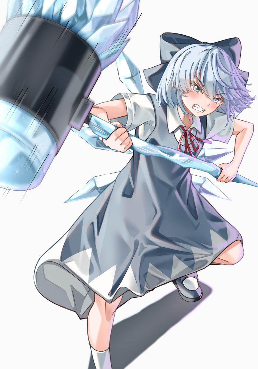 1girl blue_bow blue_dress blue_eyes blue_hair blush bow cirno clenched_teeth collared_shirt commentary dress fairy fighting_stance foot_out_of_frame hair_between_eyes hair_bow hammer highres holding holding_hammer ice ice_wings incoming_attack looking_at_viewer maboroshi_mochi motion_blur motion_lines neck_ribbon red_ribbon ribbon shirt short_hair short_sleeves simple_background sleeveless sleeveless_dress solo standing teeth touhou v-shaped_eyebrows white_background white_shirt wings