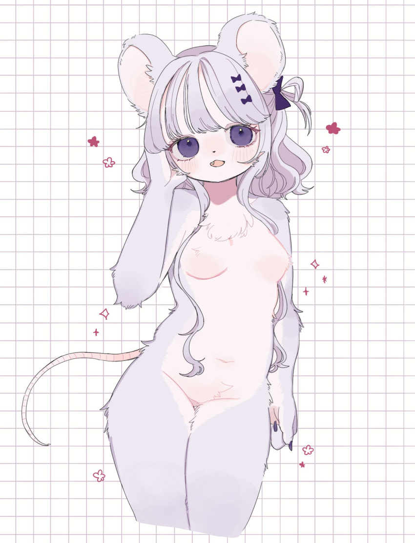 anthro biped blush breasts cute_fangs featureless_breasts featureless_crotch female fur geometric_background grey_body grey_fur grey_hair grid_background hair hi_res kemono looking_at_viewer mammal mouse multicolored_body murid murine neck_tuft nonomai25 nude open_:3 open_mouth pattern_background pupils purple_eyes rodent simple_background small_breasts tuft two_tone_body white_background white_body white_fur