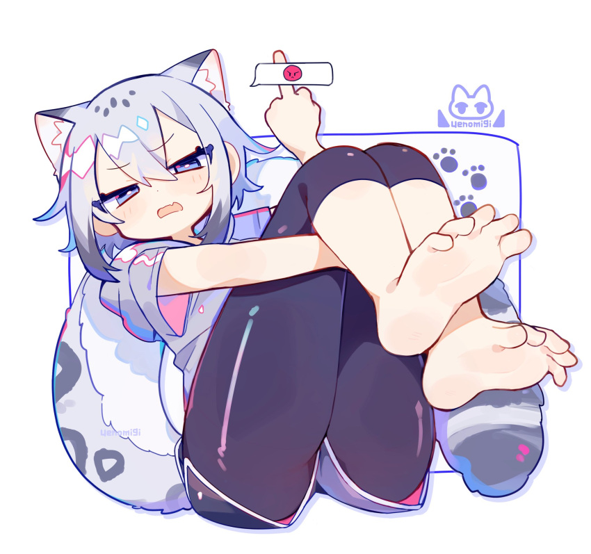 1girl angry angry_face_emoji animal_ear_fluff animal_ears artist_logo ass barefoot black_leggings blue_eyes cat_ears cat_tail commentary fang grey_hair hair_between_eyes highres hugging_own_legs knees_to_chest leggings leggings_under_shorts looking_at_viewer middle_finger narrowed_eyes original paw_print sidelocks soles solo spoken_emoji symbol-only_commentary tail toes uenomigi v-shaped_eyebrows