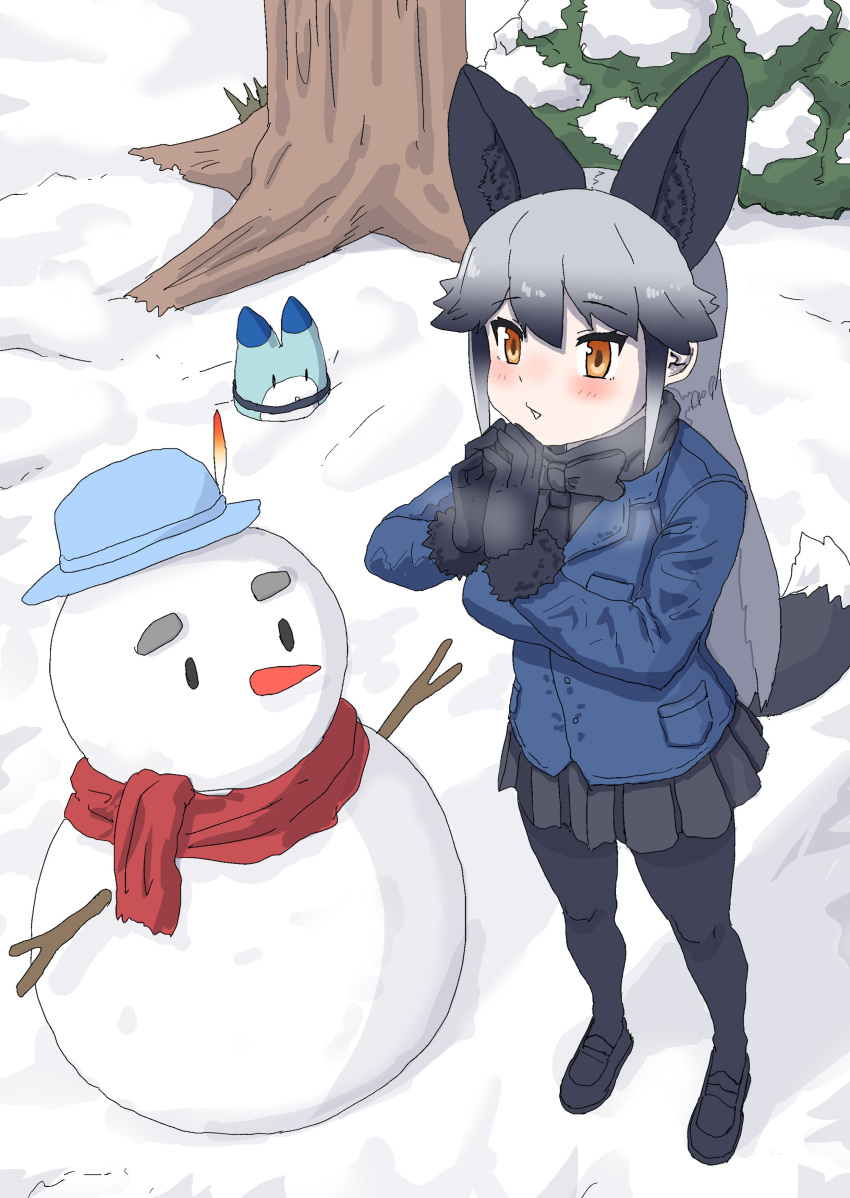 1girl absurdres animal_ears black_bow black_bowtie black_footwear black_fur black_gloves black_hair black_necktie black_pantyhose black_skirt blue_jacket blush bow bowtie breath captain_(kemono_friends) character_snowman extra_ears fox_ears fox_girl fox_tail fur_trim gloves grey_hair hair_between_eyes hat_feather helmet highres jacket kemono_friends kemono_friends_3 kumasyan1998 loafers long_sleeves lucky_beast_(kemono_friends) multicolored_hair necktie orange_eyes pantyhose pith_helmet pleated_skirt shoes sidelocks silver_fox_(kemono_friends) skirt snow snowman tail tree