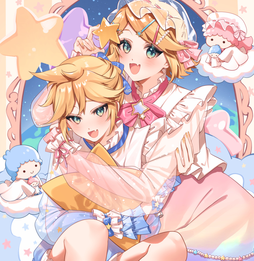 1boy 1girl blonde_hair blue_eyes fang frilled_bonnet frilled_shirt frills happy highres hugging_object kagamine_len kagamine_rin knees_up looking_at_viewer multiple_hairpins nail_polish open_mouth pillow pillow_hug project_sekai see-through_headwear shirt short_hair skin_fang smile star_(symbol) swept_bangs upper_body vocaloid yellow_nails yuka_(mprw2324)