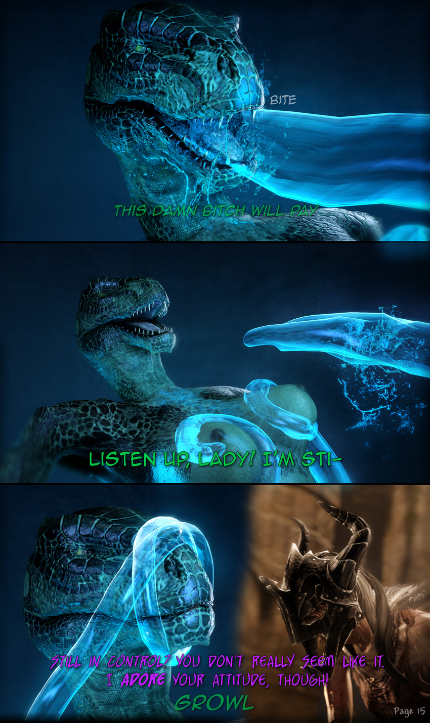 2016 3d_(artwork) ambiguous_fluids ambiguous_species anthro argonian armor bite bizzyniz breast_fondling breasts cave close-up comic covering_mouth detailed dialogue digital_media_(artwork) female fondling front_view glowing hand_on_breast helmet hi_res inside nude profanity reptile scalie skyrim source_filmmaker tentacle_in_mouth tentacles the_elder_scrolls translucent translucent_tentacles video_games yelling