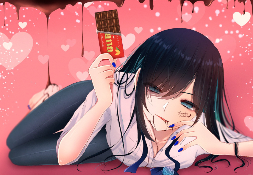 1girl ado_(utaite) barefoot black_hair blue_eyes blue_hair blue_nails blue_pants chando_(ado) chocolate chocolate_on_body chocolate_on_face cloud_nine_inc collared_shirt colored_inner_hair commentary dress_shirt food food_on_body food_on_face ghana_(chocolate) heart highres holding holding_chocolate holding_food licking_lips long_hair looking_at_viewer lying mole mole_under_eye multicolored_hair nail_polish pants pink_background shadow shirt shoko_(gs_music11) sidelocks solo song_name symbol-only_commentary toenail_polish toenails tongue tongue_out two-tone_hair utaite white_shirt