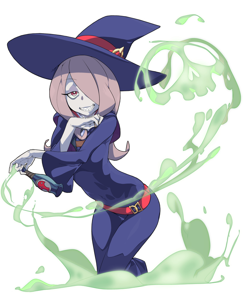 1girl dress hair_over_one_eye half-closed_eyes hat little_witch_academia pale_skin pink_hair red_eyes robe sharp_teeth solo sucy_manbavaran wide_sleeves witch witch_hat