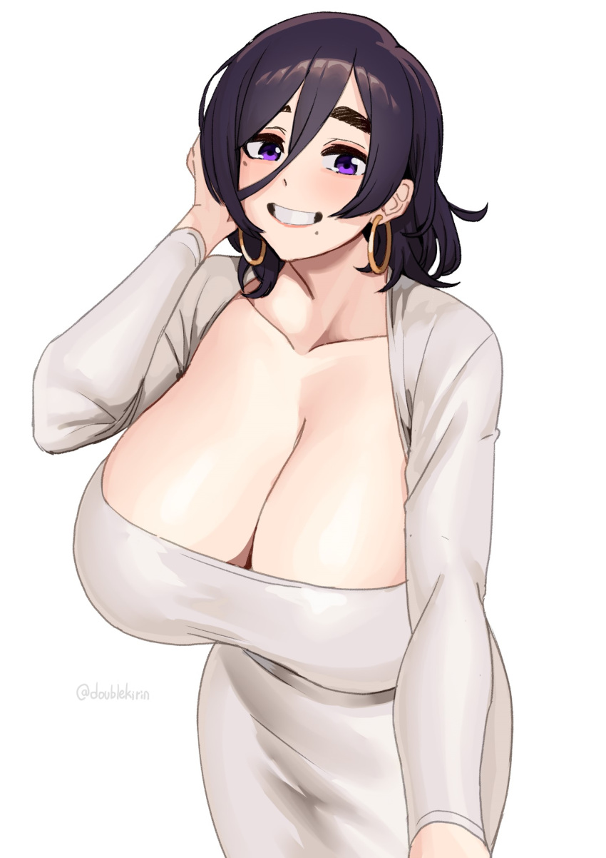 1girl borrowed_character breasts cleavage commission dongtan_dress earrings highres huge_breasts jewelry looking_at_viewer medium_hair meme_attire mole mole_under_mouth open_mouth original purple_eyes purple_hair roresu simple_background smile solo teeth twitter_username white_background