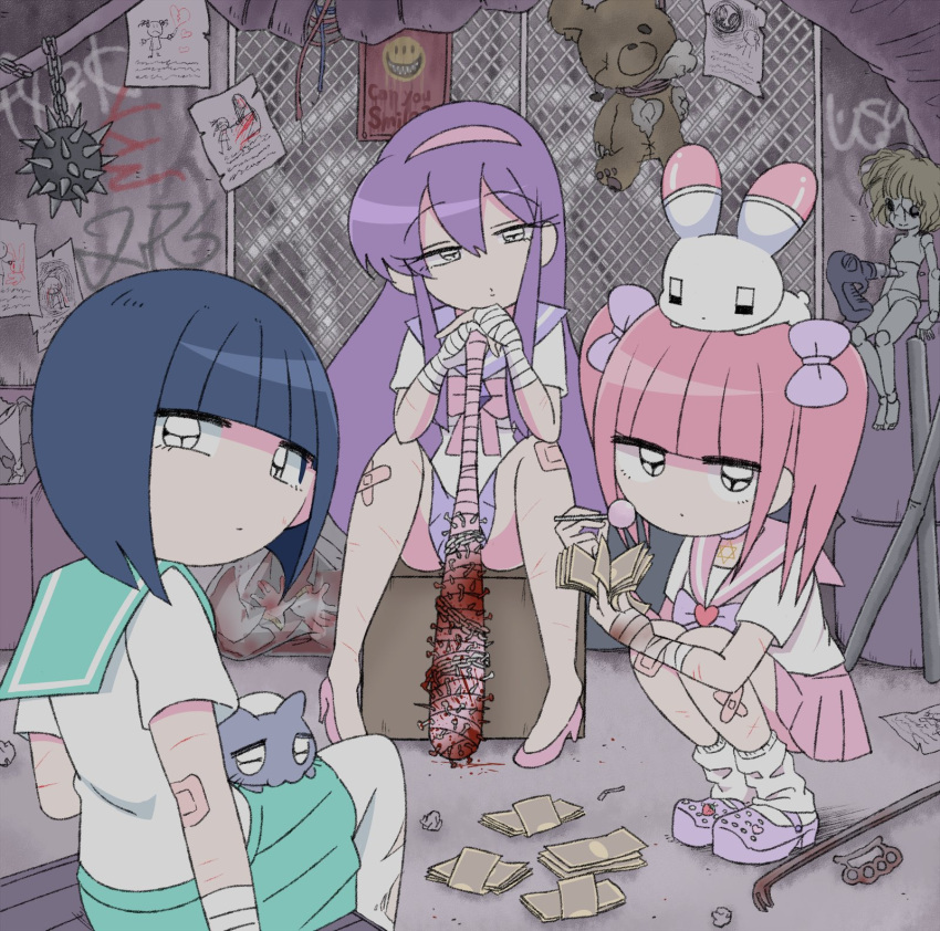 3girls :o animal animal_on_head animal_on_lap ball_and_chain_(weapon) bandaged_arm bandaged_wrist bandages bandaid bandaid_on_knee bandaid_on_leg black_eyes blue_hair blunt_bangs bow box brass_knuckles cat chain-link_fence closed_mouth club_(weapon) crocs crowbar crystal delinquent doll expressionless ezaki_bisuko fence gauze_on_arm gauze_on_knee graffiti green_sailor_collar green_skirt hair_between_eyes hair_bow hairband heart hexagram high_heels highres holding_club injury jewelry lead_pipe long_hair looking_at_viewer menhera-chan_(ezaki_bisuko) menhera-chan_(ezaki_bisuko)_(character) money multiple_girls necklace on_head on_lap paper pink_bow pink_footwear pink_hair pink_hairband pink_sailor_collar pink_skirt poster_(medium) purple_bow purple_footwear purple_sailor_collar purple_skirt rabbit sabukaru-chan_(ezaki_bisuko) sailor_collar school_uniform serafuku shaded_face short_twintails sidelocks sitting skirt slav_squatting smiley_face spiked_ball_and_chain spiked_club spread_legs squatting star_of_david stuffed_animal stuffed_toy teddy_bear twintails usatan_(ezaki_bisuko) weapon white_leg_warmers white_serafuku yumekawa-chan_(ezaki_bisuko)