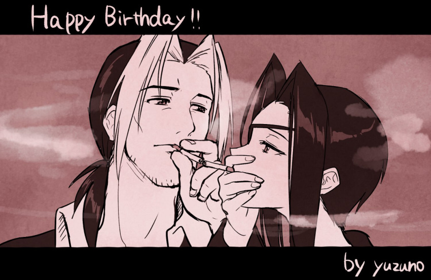 1boy 1girl brad_evans cigarette closed_mouth eyepatch facial_hair formal greyscale happy_birthday holding holding_cigarette kanon_(wild_arms_2) letterboxed long_hair monochrome protected_link sidelocks smoking stubble wild_arms wild_arms_2 yururi-ra