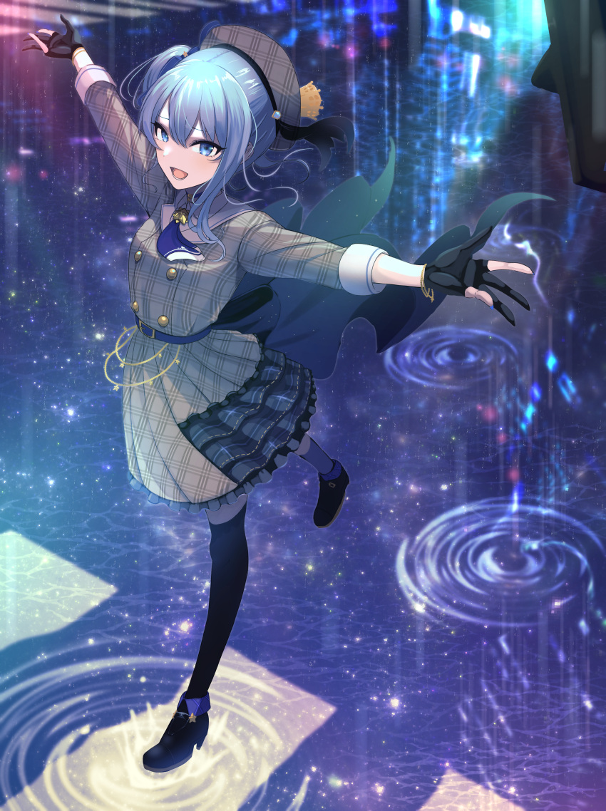 :d absurdres arms_up ascot belt black_cape black_footwear black_gloves black_thighhighs blue_ascot blue_belt blue_eyes blue_hair boots buttons cape crown dress frills gloves grey_dress hat highres hololive hoshimachi_suisei light_particles long_sleeves looking_at_viewer mini_crown nanahoshi_kou one_side_up open_mouth outstretched_arms partially_fingerless_gloves plaid plaid_dress plaid_headwear reflection reflective_water ripples single_sidelock smile standing standing_on_one_leg star_(symbol) thighhighs virtual_youtuber