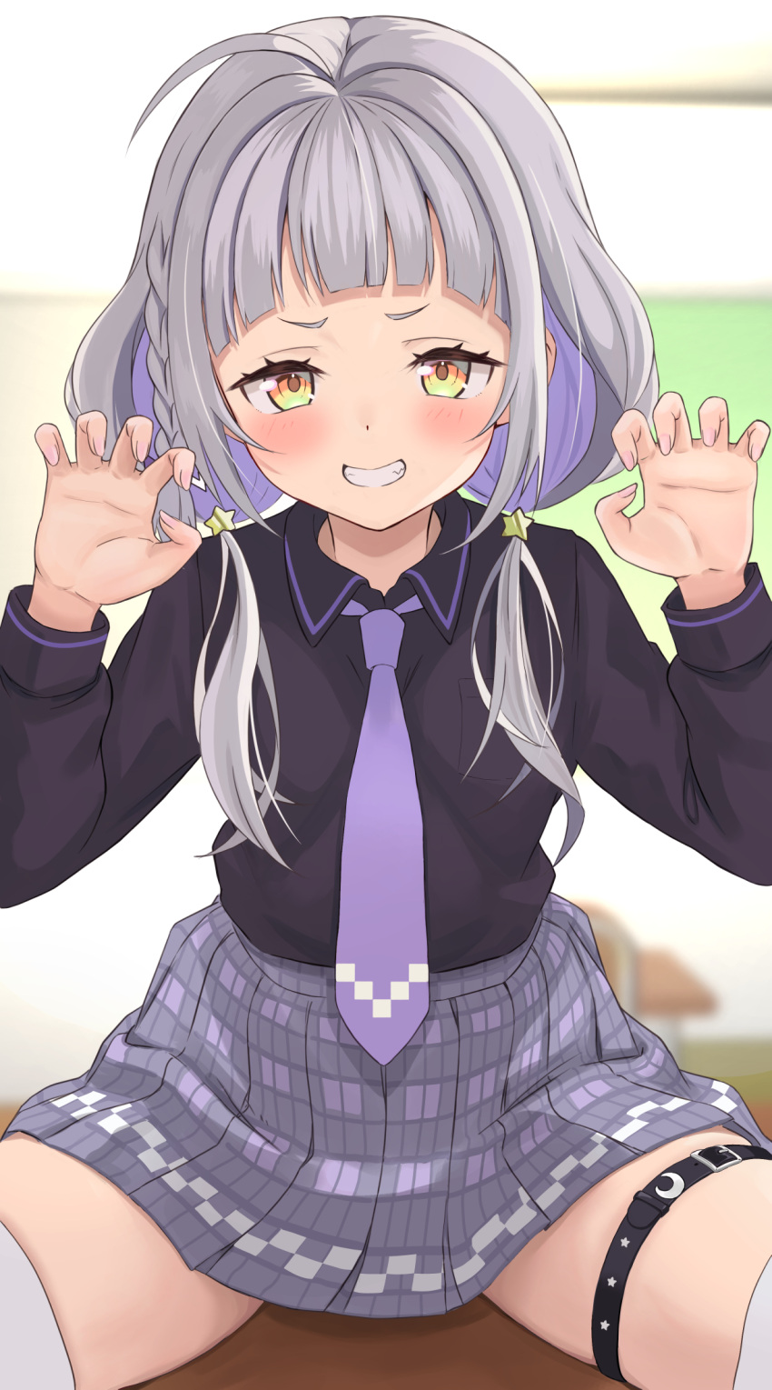 1girl ahoge arched_bangs black_shirt blurry blurry_background blush braid classroom claw_pose collared_shirt desk dress_shirt fingernails grey_hair grey_skirt grin highres hololive long_hair long_sleeves looking_at_viewer low_twintails miniskirt murasaki_shion murasaki_shion_(school_uniform) necktie official_alternate_costume official_alternate_hairstyle on_desk parted_hair plaid plaid_skirt pleated_skirt purple_necktie school_desk school_uniform shirt short_eyebrows side_braid sidelocks sitting sitting_on_desk skirt smile solo thigh_strap thighhighs thighs tonton_utaro twintails v-shaped_eyebrows virtual_youtuber white_thighhighs yellow_eyes
