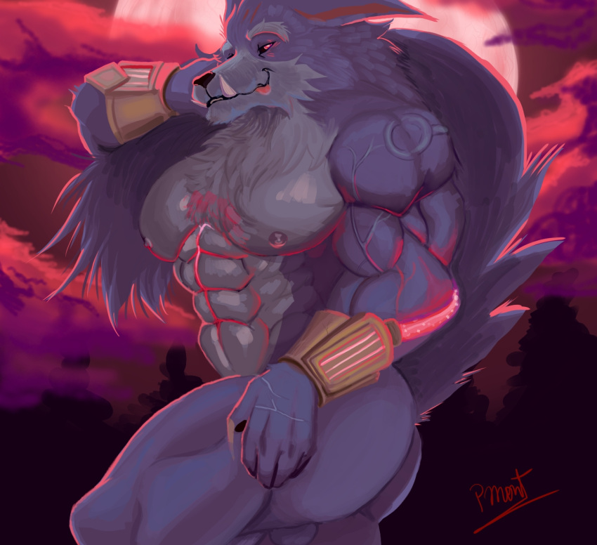 abs anthro balls biceps blue_body blue_fur bracelet butt canid canine canis claws duo ears_down fangs fur genitals hi_res holding_tail jewelry league_of_legends male male/male mammal muscular muscular_anthro muscular_male neck_tuft nipples nude pecs penis pinumontbalou pivoted_ears red_eyes riot_games scar smile smiling_at_viewer tail teeth tongue tongue_out tuft vein veiny_muscles warwick_(lol) were werecanid werecanine werewolf wolf