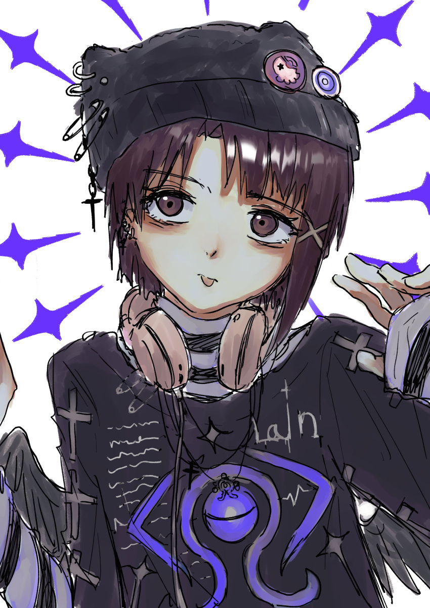 1girl absurdres bags_under_eyes beanie black_headwear black_shirt brown_eyes brown_hair ear_piercing feathered_wings hand_up hat headphones headphones_around_neck highres iwakura_lain long_sleeves looking_at_viewer pale_skin piercing pin serial_experiments_lain shirt short_hair simple_background wings