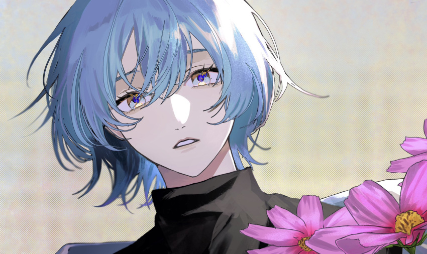 1boy amn_ic01 black_shirt blue_eyes blue_hair blue_pupils cosmos_(flower) double-parted_bangs flower grey_background hair_between_eyes head_tilt highres looking_at_viewer male_focus original parted_lips pink_flower shirt short_hair simple_background solo turtleneck