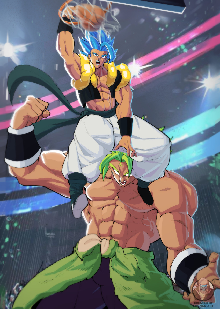 2boys absurdres ball basketball_(object) black_vest blue_eyes blue_hair broly_(dragon_ball_super) dragon_ball dragon_ball_super dragon_ball_super_broly gogeta grey_hair grongo_art highres medium_hair multiple_boys no_eyes pants spiked_hair topless_male vest white_pants