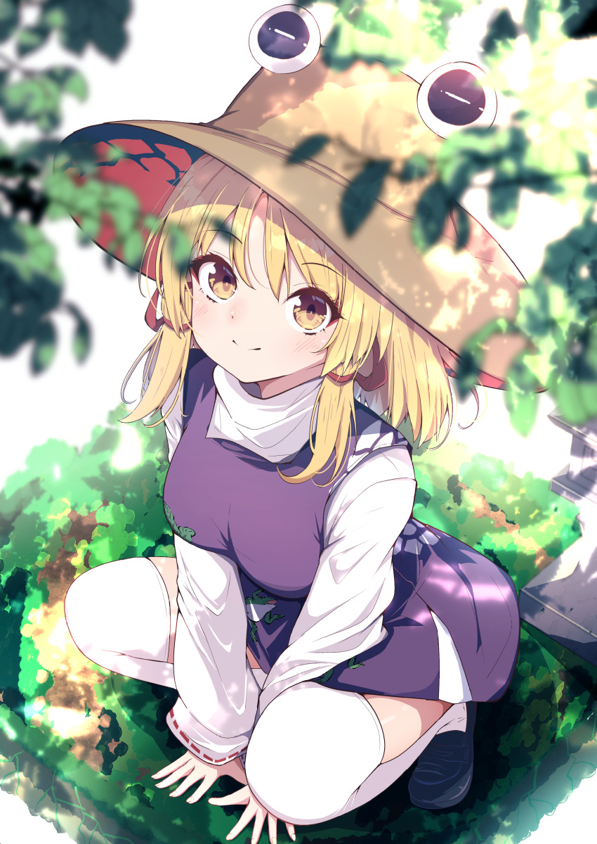 1girl absurdres black_footwear blonde_hair breasts brown_headwear darumoon dress foliage from_above hat highres looking_at_viewer medium_breasts medium_hair moriya_suwako purple_dress shirt short_dress smile solo squatting stone_lantern thighhighs touhou turtleneck white_shirt white_thighhighs yellow_eyes