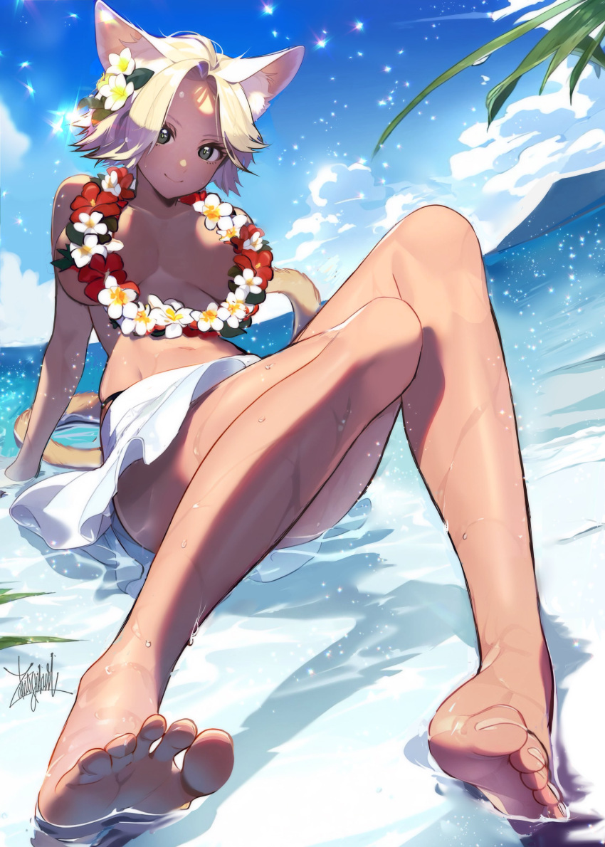 1girl absurdres animal_ears bare_shoulders barefoot beach blonde_hair blue_sky breasts breasts_apart character_request cloud commission convenient_censoring day final_fantasy final_fantasy_xiv flower flower_ring foreshortening fujiya_takao green_eyes hair_flower hair_ornament highres horizon large_breasts light_smile long_tail looking_at_viewer mountainous_horizon navel ocean palm_leaf palm_tree red_flower shadow shiny_skin short_hair signature skinny skirt sky soles solo sparkle splashing tail tan toenails toes tree water waves white_flower white_skirt