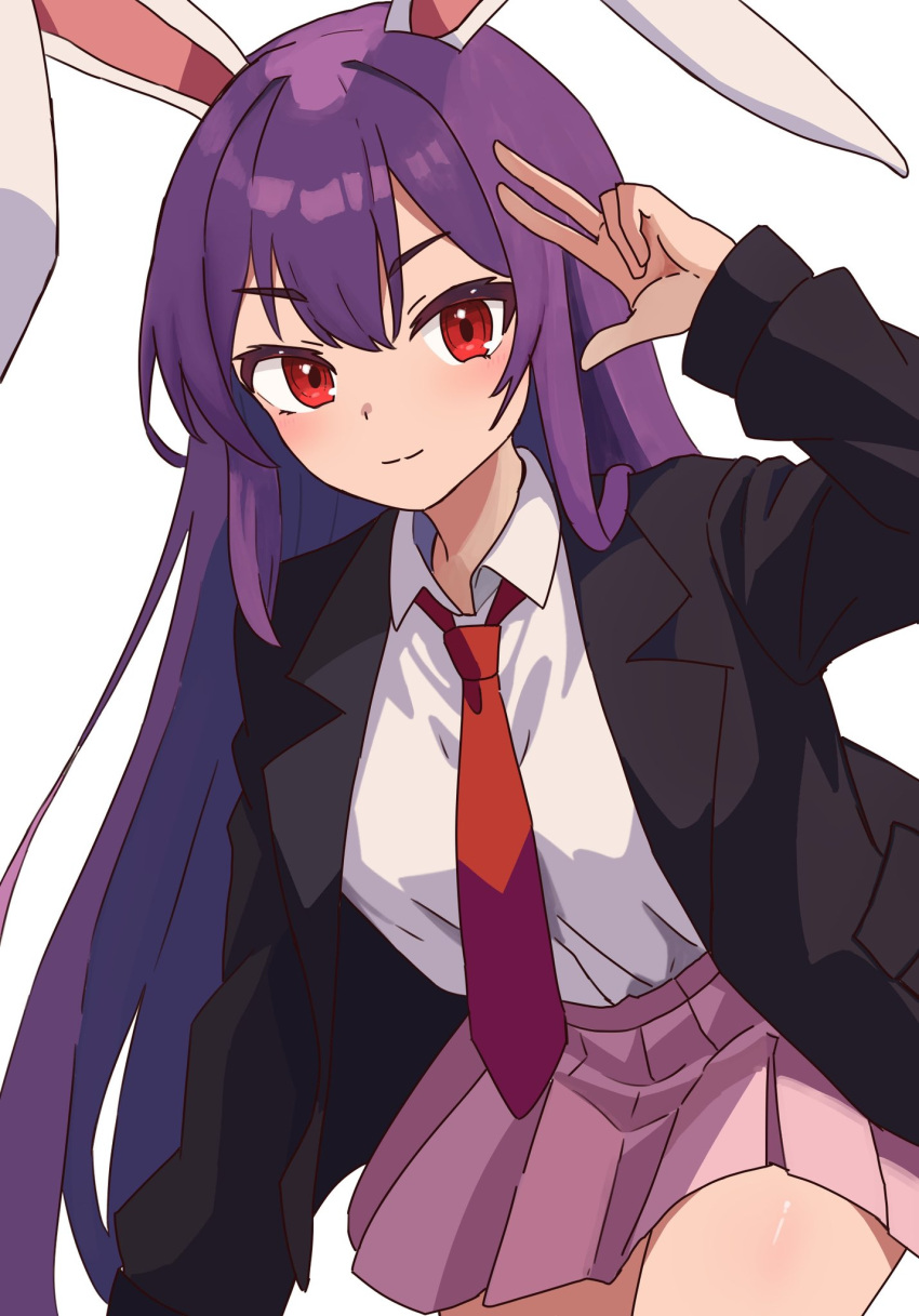 1girl black_jacket blazer blush closed_mouth collared_shirt cowboy_shot highres jacket kv-san long_hair long_sleeves necktie open_clothes open_jacket pink_skirt pleated_skirt purple_hair red_eyes red_necktie reisen_udongein_inaba shirt simple_background skirt smile solo touhou v very_long_hair white_background white_shirt