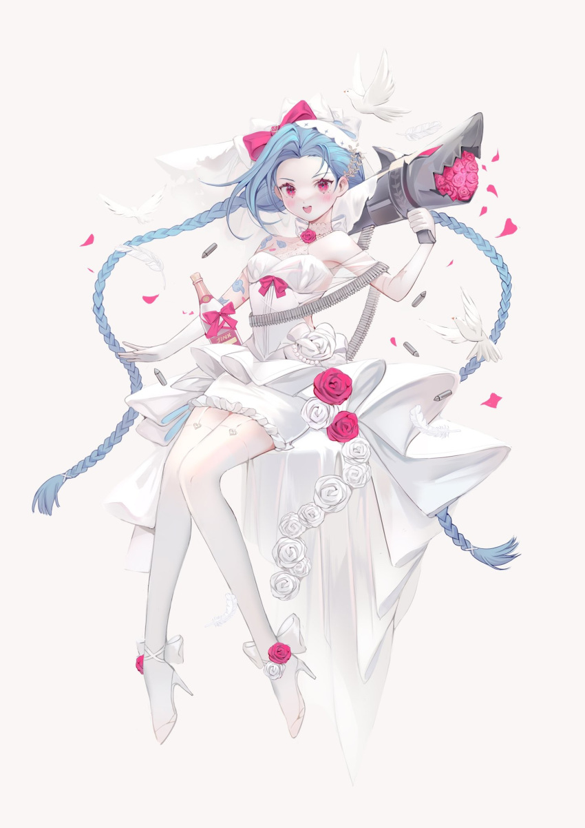 bird blue_hair bow braid dove dress flower full_body gun hair_bow high_heels highres holding holding_gun holding_weapon jinx_(league_of_legends) league_of_legends long_hair meowlian petals rose shell_casing weapon white_dress