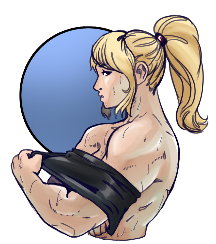 1girl black_eyes blonde_hair highres looking_at_viewer metroid muscular muscular_female no_bra open_mouth ponytail samus_aran solo superkiak sweat thick_arms undressing