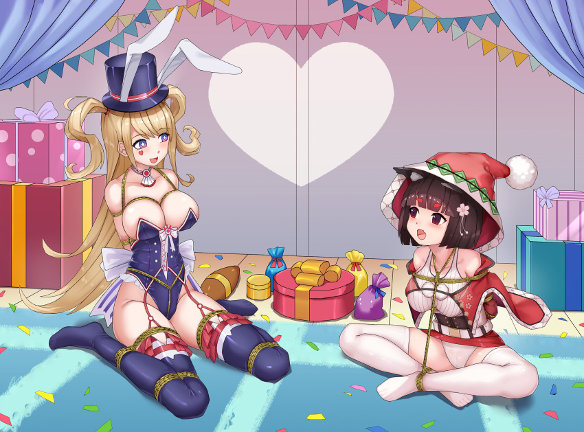 +_+ 2girls :d animal_ear_headwear animal_ears arms_behind_back azur_lane bare_shoulders blonde_hair blue_leotard blush bound bound_arms breasts brown_hair cat_ears cat_girl christmas cleavage coat commentary_request cropped_jacket ears_down full_body gift groin guam_(azur_lane) guam_(stage-setting_charmer)_(azur_lane) haimei1980 happy heart_sticker highres hood hood_up hooded_coat indoors large_breasts leotard long_hair looking_at_another medium_breasts medium_hair miniskirt multiple_girls off_shoulder on_floor pom_pom_(clothes) purple_eyes red_coat red_eyes red_skirt shibari sitting skirt smile sticker_on_face strapless strapless_leotard thighs very_long_hair white_leotard yamashiro_(azur_lane) yamashiro_(holiday_offensive)_(azur_lane)