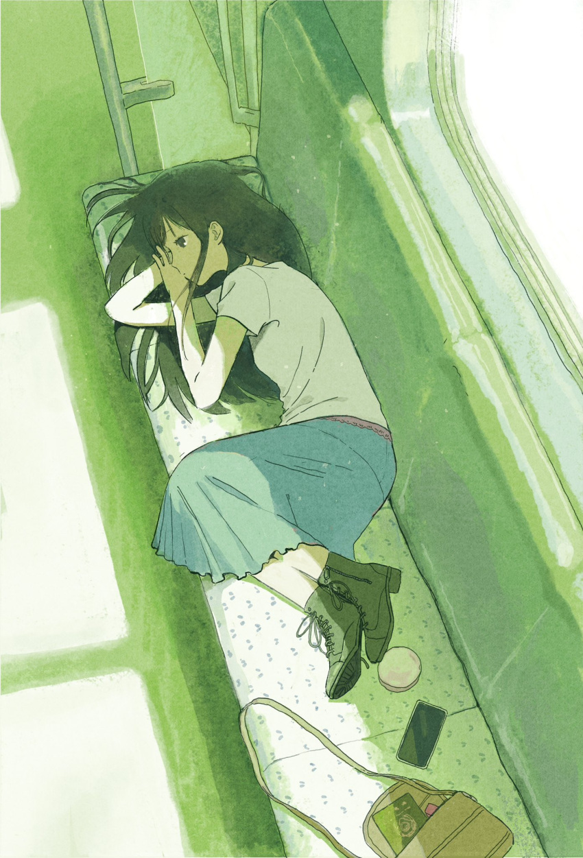 1girl aqua_skirt bag bare_arms black_eyes black_hair boots cellphone closed_mouth expressionless full_body green_theme handbag highres long_hair lying on_side ooos_man original phone shirt shoelaces short_sleeves skirt smartphone solo sunlight white_shirt zipper zipper_pull_tab