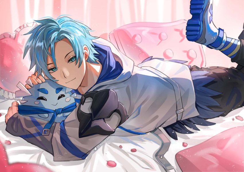 1boy absurdres altventurer_(regis_altare) black_pants blue_eyes blue_hair closed_mouth frilled_pillow frills heart heart-shaped_pillow highres holostars holostars_english hood hoodie layered_sleeves leg_up light_blue_hair long_sleeves looking_at_viewer lying male_focus on_bed on_stomach pants petting pillow pink_pillow regis_altare shiyan_(flames_ten) short_hair slime_(creature) smile the_pose twitter_username virtual_youtuber white_hoodie