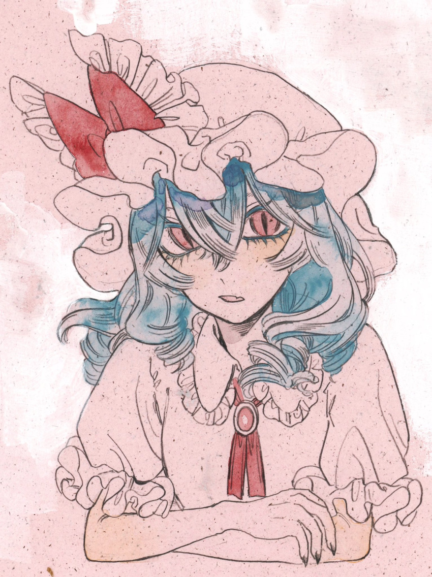 1girl ascot bare_arms black_nails blue_hair bow cropped_torso crossed_arms curly_hair eraser_dust eyelashes frilled_bow frilled_hat frilled_shirt_collar frilled_sleeves frills hat hat_bow highres kz_m_i long_hair looking_at_viewer mob_cap parted_lips partially_colored puffy_short_sleeves puffy_sleeves red_ascot red_bow red_eyes remilia_scarlet short_sleeves solo touhou traditional_media upper_body