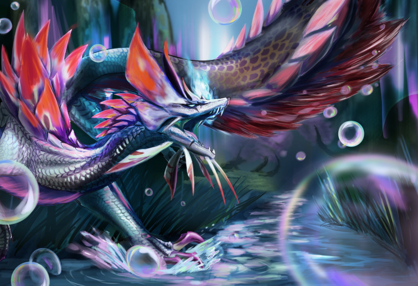 blue_eyes claws fins fujikura glowing glowing_eye grass head_fins highres mizutsune monster monster_focus monster_hunter_(series) monster_hunter_x open_mouth outdoors red_fur scales sharp_teeth soap_bubbles solid_eyes solo soulseer_mizutsune splashing stream tail teeth water white_scales