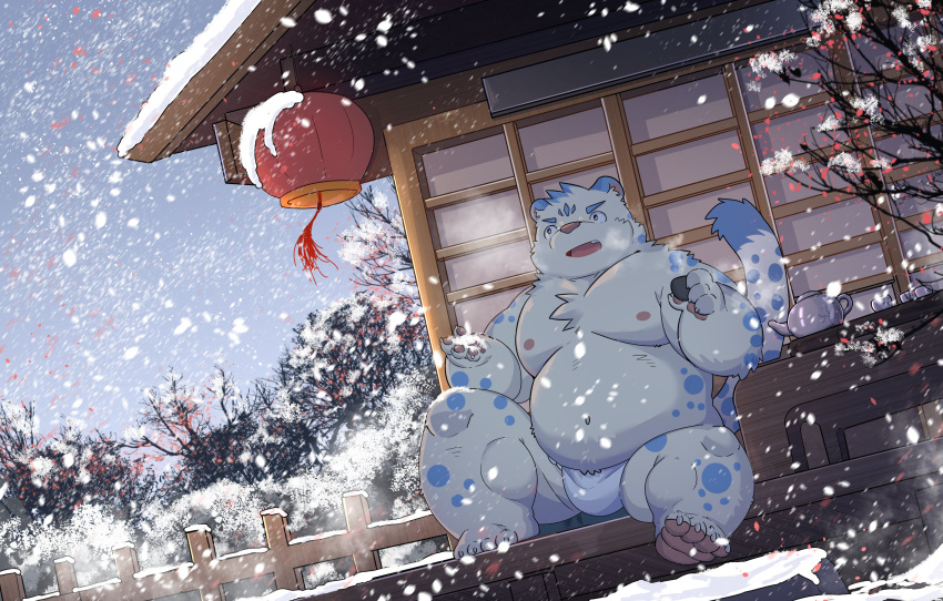2024 absurd_res anthro asian_clothing belly big_belly cai_yuwang clothing east_asian_clothing feet felid fundoshi hi_res japanese_clothing kemono male mammal moobs nipples outside overweight overweight_male plant sitting snow snowing solo tree underwear white_clothing white_fundoshi white_underwear