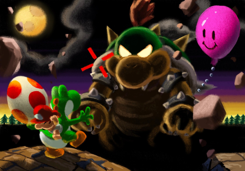 anthro baby_bowser baby_mario balloon clothing dinosaur egg final_boss green_body hat headgear headwear hi_res human inflatable item_balloon koopa male mammal mario_bros moon nintendo reptile reticle rock scalie size_difference turtle white_body ya_mari_6363 yoshi yoshi_(character) yoshi_egg