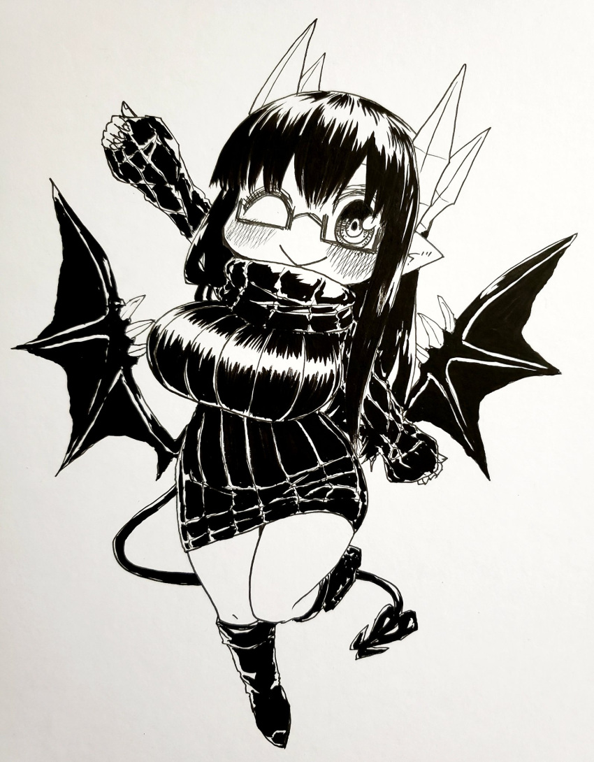 1girl black-framed_eyewear black_hair black_sweater black_tail black_wings breasts chibi colored_skin commentary contrapposto curvy demon_girl demon_horns demon_tail grey_eyes hair_between_eyes highres horns huge_breasts ink large_breasts limited_palette long_hair merii_(mazohaha) monochrome musuko_ga_kawaikute_shikatanai_mazoku_no_hahaoya one_eye_closed outstretched_arms ribbed_sweater semi-rimless_eyewear simple_background smile spread_arms standing standing_on_one_leg sweater tail thighs traditional_media under-rim_eyewear white_background white_horns white_skin wings zyugoya