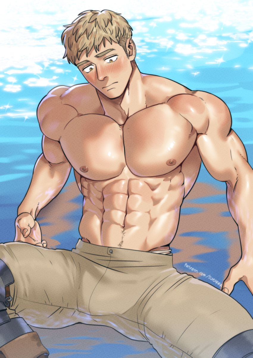 1boy abs absurdres armor bara blonde_hair blush cowboy_shot dungeon_meshi highres laios_thorden large_pectorals looking_down love_handles male_focus muscular muscular_male navel navel_hair nipples partially_submerged pectorals short_hair sideburns sitting solo spread_legs suyohara thick_eyebrows topless_male water