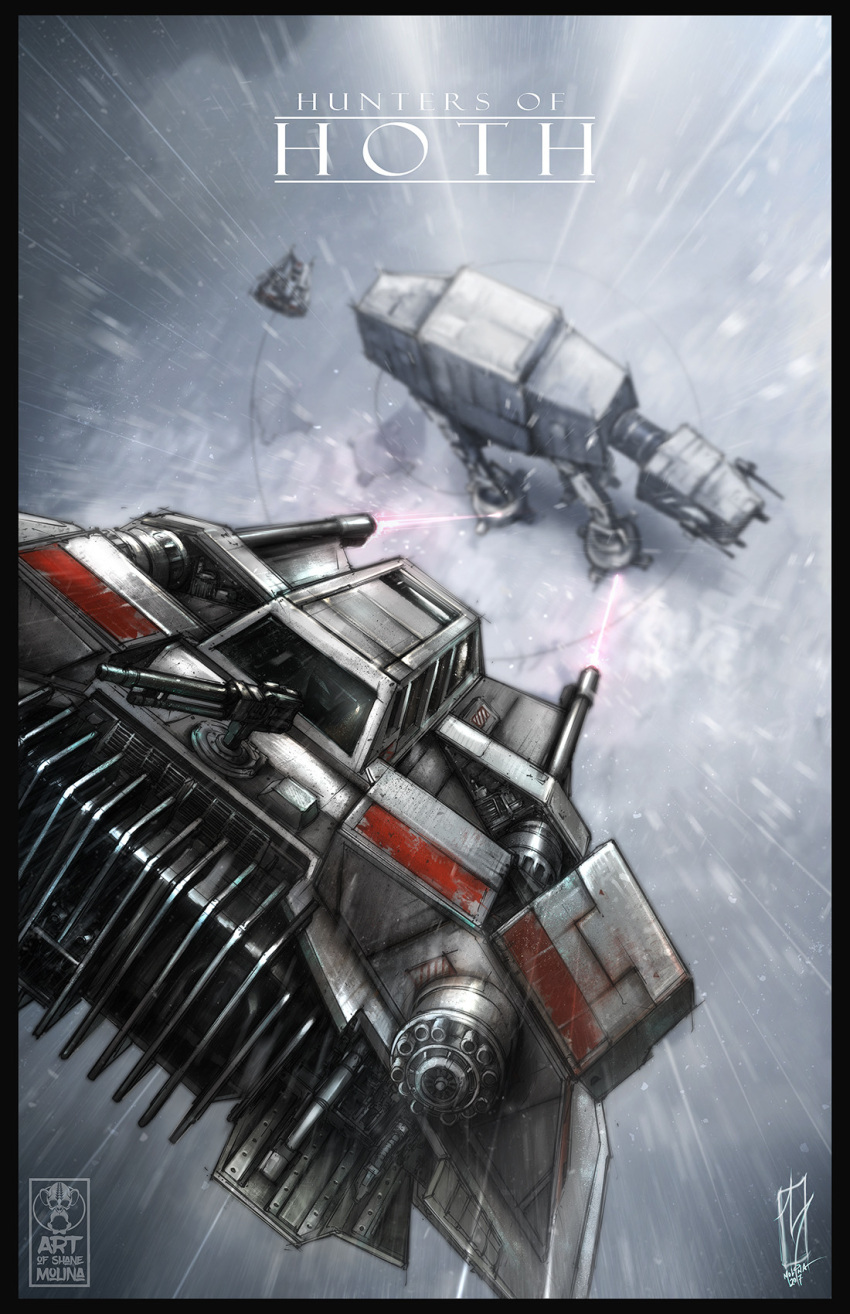 at-at black_border border cable firing from_above galactic_empire highres hoth laser mecha motion_blur no_humans rebel_alliance robot shanemolina snowing snowspeeder star_wars star_wars:_the_empire_strikes_back turret walker_(robot)