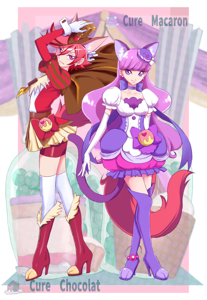 amawa_kazuhiro animal_ears bike_shorts boots cat_ears cat_tail cure_chocolat cure_macaron dog_ears dog_tail earrings elbow_gloves extra_ears food_themed_hair_ornament full_body gloves hair_ornament hat highres jewelry kenjou_akira kirakira_precure_a_la_mode kotozume_yukari long_hair looking_at_viewer macaron_hair_ornament magical_girl multiple_girls precure purple_eyes purple_footwear purple_hair purple_legwear red_footwear red_hair short_hair smile standing tail thigh_boots thighhighs white_gloves white_legwear zettai_ryouiki