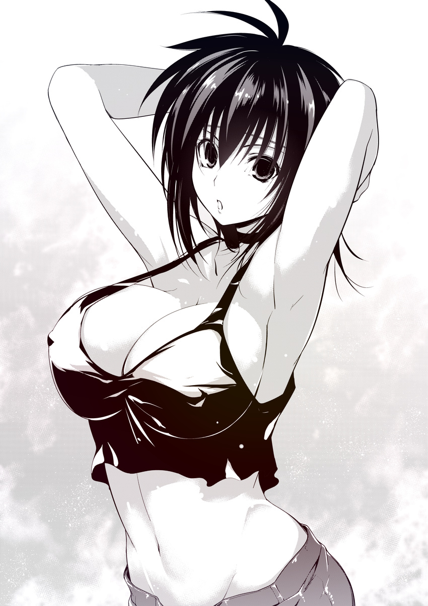 absurdres armpits arms_up bandana breasts choker cleavage greyscale hand_behind_head highres jijii48 kirisawa_fuuko large_breasts looking_at_viewer midriff monochrome navel open_mouth rekka_no_honoo short_hair shorts