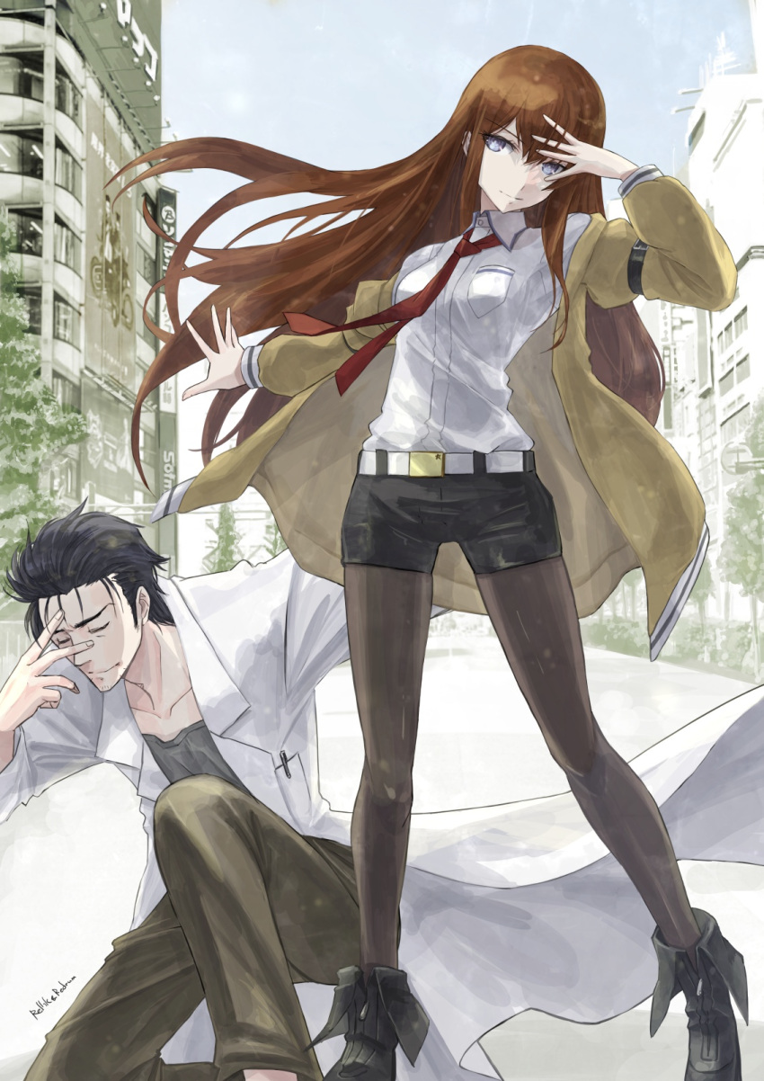 1boy 1girl belt black_hair black_pantyhose black_shorts blue_eyes breasts brown_jacket brown_pants building closed_eyes closed_mouth collarbone collared_shirt floating_hair full_body grey_shirt highres jacket jojo_pose jun_(rellik_&amp;_redrum) lab_coat long_hair long_sleeves looking_at_viewer makise_kurisu necktie okabe_rintarou on_one_knee open_clothes open_hand open_jacket outdoors outstretched_arm pants pantyhose red_hair red_necktie shirt shirt_tucked_in short_hair short_shorts shorts sidelocks signature sky small_breasts standing steins;gate tree white_belt white_shirt