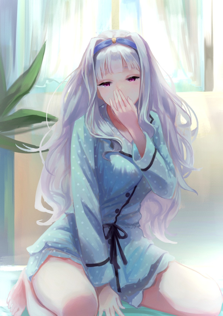 arm_between_legs barefoot blue_hairband blue_pajamas blunt_bangs choppy_bangs commentary covering_own_mouth curtains full_body grey_hair hairband hand_over_own_mouth highres idolmaster idolmaster_(classic) indoors kneeling long_hair morning pajamas polka_dot polka_dot_pajamas polka_dot_shorts purple_eyes sayuumigi shijou_takane shorts very_long_hair waking_up yawning