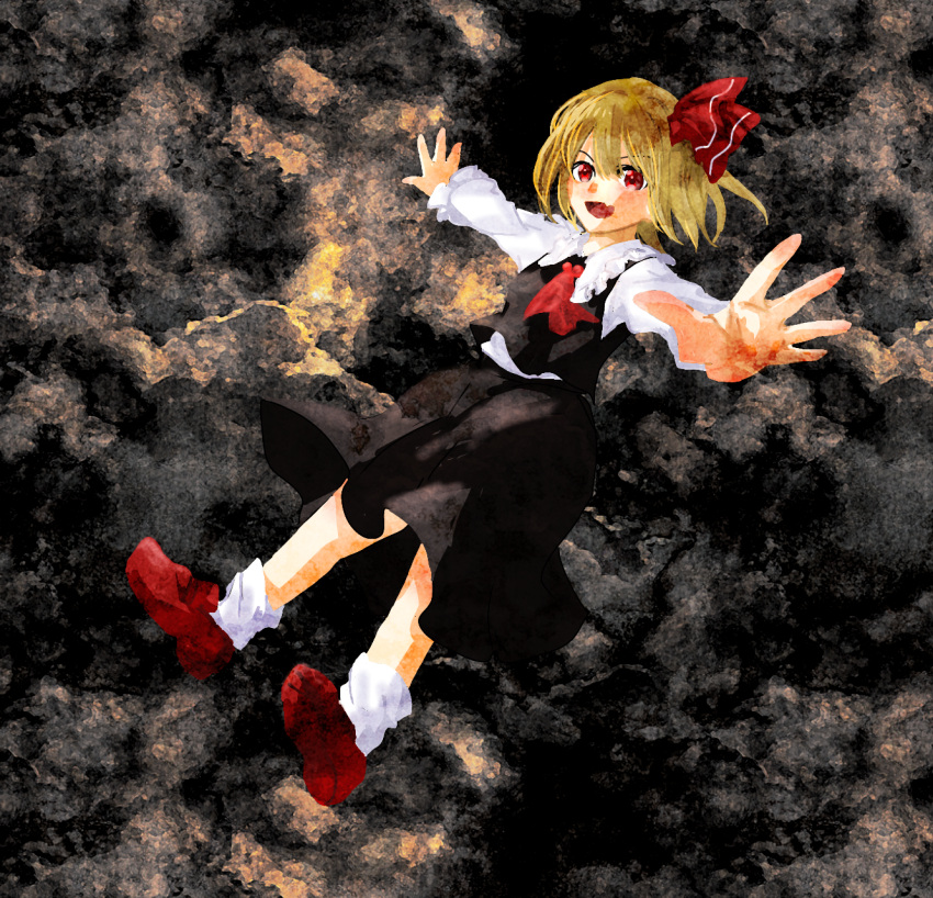 1girl ascot black_skirt black_vest blonde_hair highres long_sleeves medium_hair red_ascot red_eyes rumia shee_take shirt skirt socks solo touhou vest white_shirt white_socks