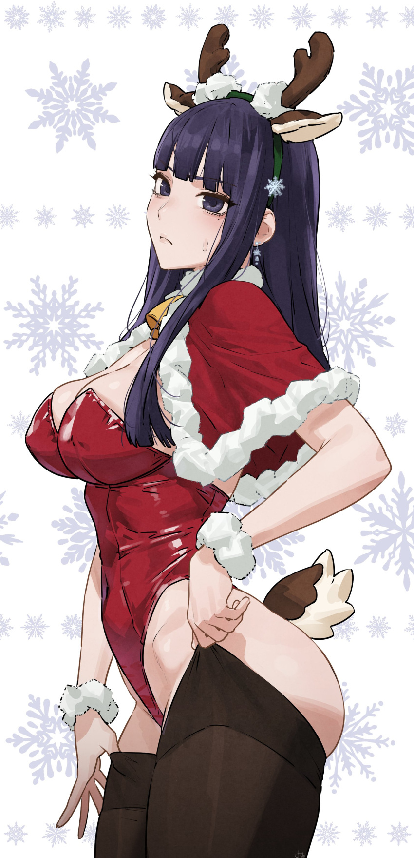 1girl absurdres animal_ears antlers bell black_eyes black_hair breasts cape christmas deer_antlers deer_ears deer_tail disto earrings highres horns jewelry large_breasts leotard long_hair neck_bell original red_cape red_leotard tail thighhighs thighhighs_pull