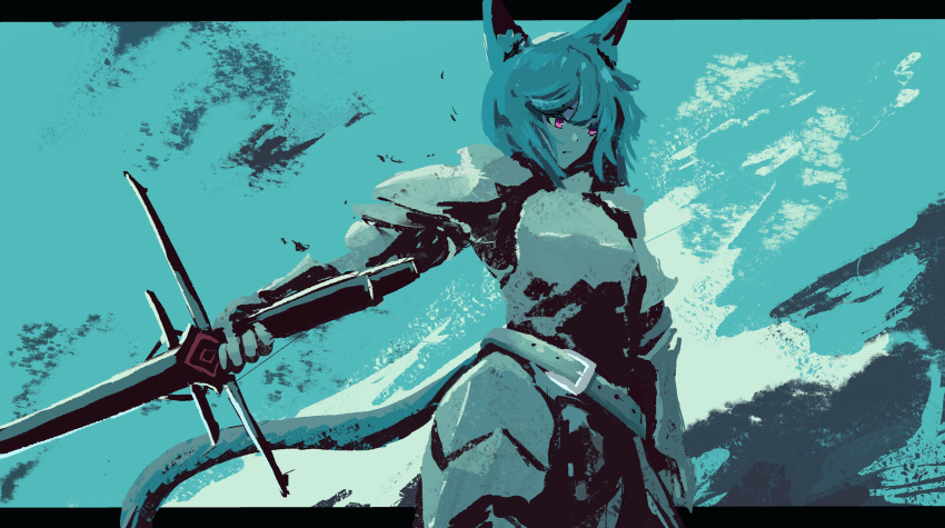 1girl :/ absurdres animal_ears arm_at_side armor belt blue_background blue_hair breastplate closed_mouth cowboy_shot expressionless fox_ears fox_girl fox_tail from_side hand_up highres holding holding_sword holding_weapon letterboxed long_bangs looking_down medium_hair monochrome original outstretched_arm pauldrons purple_eyes shoulder_armor sidelocks simple_background solo spot_color sword tail vambraces weapon yan_kodiac