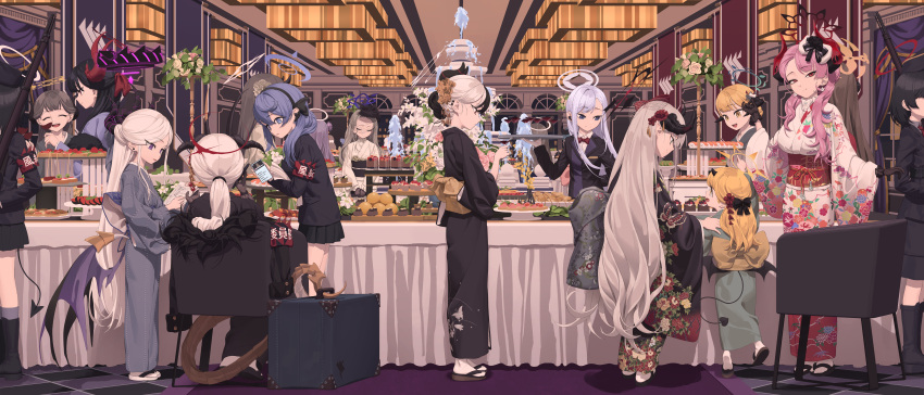 6+girls ^_^ absurdres ako_(blue_archive) alcohol alternate_costume armband banquet blazer blonde_hair blue_archive blue_hair butler cellphone cellphone_photo character_request checkered_floor closed_eyes coat commentary_request cup demon_horns demon_tail demon_wings dessert drinking_glass earrings female_butler floral_print food fountain fur-trimmed_coat fur_trim grey_hair halo highres hina_(blue_archive) holding holding_phone horns ibuki_(blue_archive) indoors jacket japanese_clothes jewelry kayoko_(blue_archive) kimono looking_at_another looking_at_viewer makoto_(blue_archive) multiple_girls nagisa_(blue_archive) obi partial_commentary phone prefect_team_member_(blue_archive) red_armband rui_(rei_leyi) sandals sash satsuki_(blue_archive) school_uniform stud_earrings tabi tail wine wine_glass wings yukata zouri
