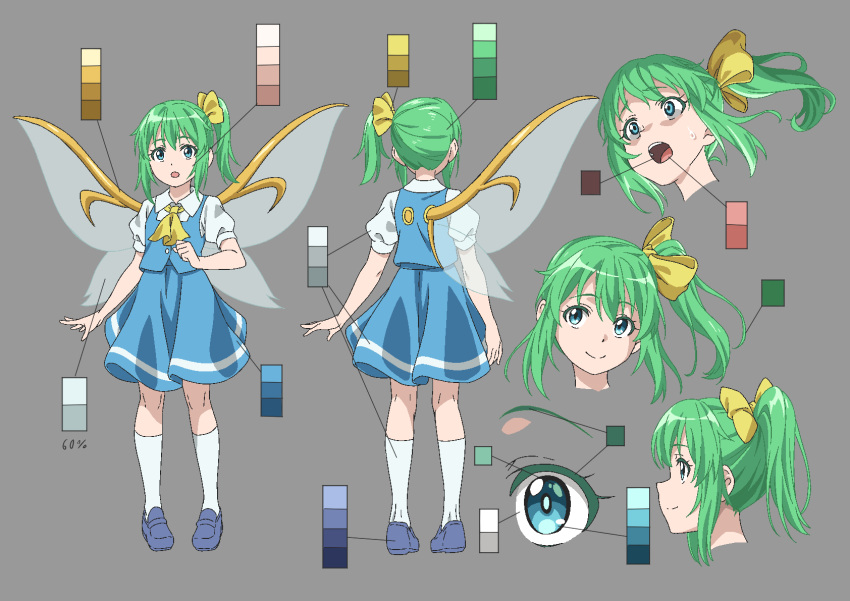 1girl :o ascot blue_eyes blue_footwear blue_skirt blue_vest closed_mouth collared_shirt color_guide commentary_request daiyousei fairy fairy_wings full_body green_hair grey_background gyouza_(mhea5724) hair_ribbon happy highres kneehighs loafers medium_hair multiple_views open_mouth puffy_short_sleeves puffy_sleeves reference_sheet ribbon shirt shoes short_sleeves side_ponytail sidelocks simple_background skirt smile socks standing surprised teeth touhou upper_teeth_only vest white_shirt white_socks wings yellow_ascot yellow_ribbon
